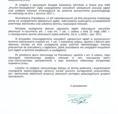 Związek Zawodowy Górników w KWK Knurów-Szczygłowice zgłasza żądania płacowe i wzywa pracodawcę do rokowań