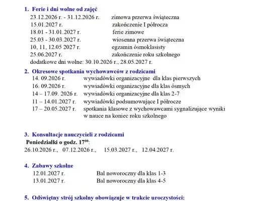 Kalendarz roku szkolnego 2026/2027 – ferie, wywiadówki i bale