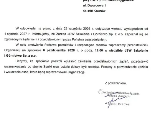 JSW Szkolenie i Górnictwo zaprasza związki na rozmowy o podwyżkach
