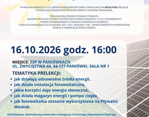 Gierałtowice: bezpłatna prelekcja o fotowoltaice i OZE w Paniówkach