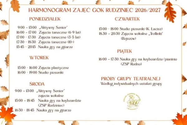 GOK Rudziniec ogłasza harmonogram zajęć na sezon 2026/2027 – zapisy trwają