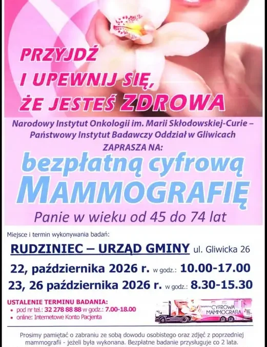 Mammobus w Rudzińcu: bezpłatna mammografia 22, 23 i 26 października