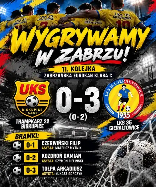 LKS 35 Gierałtowice wygrywa na wyjeździe z Trampkarzem 22 Biskupice 3:0