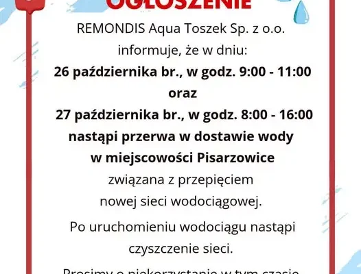 Przerwa w dostawie wody w Pisarzowicach – 26 i 27 października