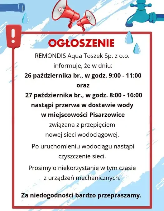 Przerwa w dostawie wody w Pisarzowicach – 26 i 27 października