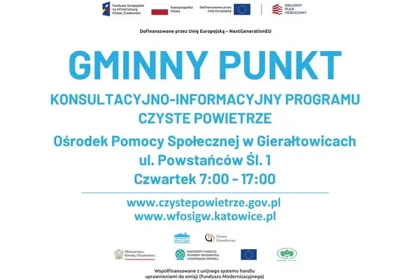 Gierałtowice: punkt konsultacyjny programu „Czyste Powietrze” zaprasza mieszkańców