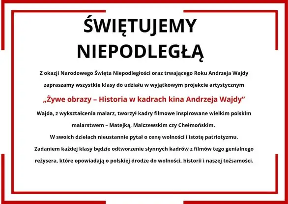 Pyskowice: „Żywe obrazy” – uczniowie uczczą Niepodległość kadrami z filmów Wajdy